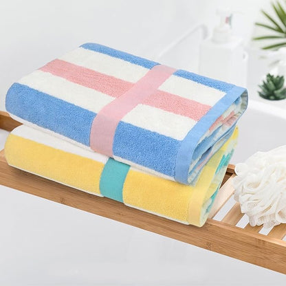 Jacquotha 100% Cotton Bath Towels Set of 2 Highly Absorbent Striped Towels for Bathroom Hotel Spa, Peach Pink & Teal