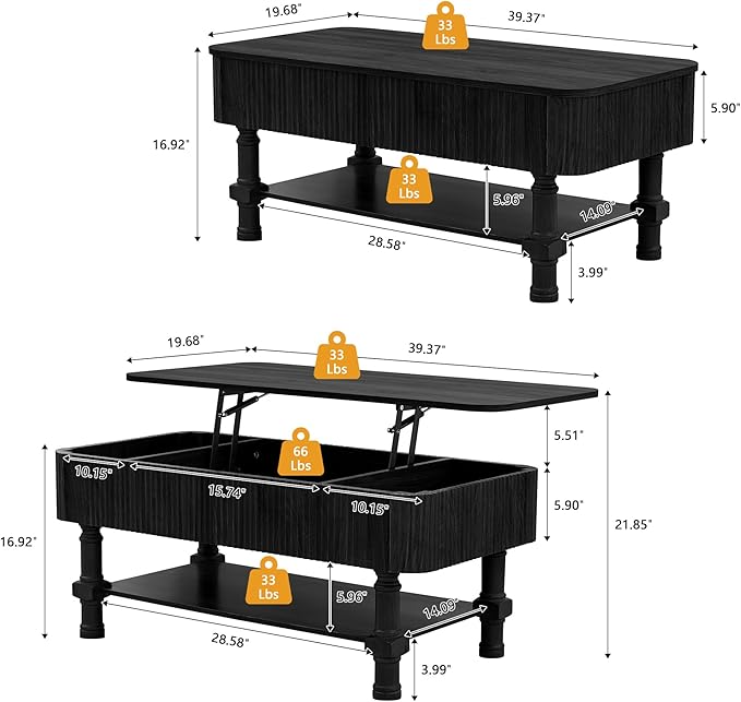 39”Large Lift Top Coffee Table with Hidden Storage Compartment,Fluted Coffee Tables Fully Assembled Wooden Center Table,Mid Century Modern Lift Tabletop Dining Table for Living Room Home Office,Black
