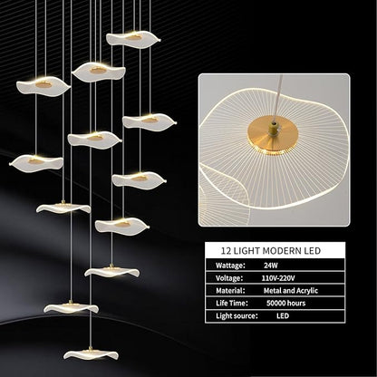 ziidoo High Ceiling Chandelier - 12-Light Dimmable Modern Gold Long Spiral Luxury Linear Lotus Leaf Led Lamp Hanging Pendant Lights for Foyer Enterway Staircase Villas