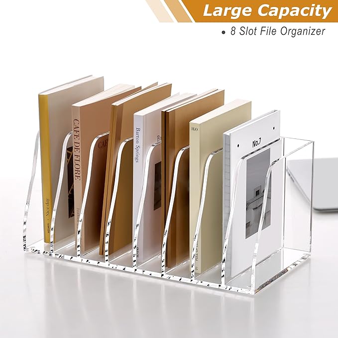 SANRUI Acrylic Desk File Organizer, 8 Vertical Compartments Clear Magazine File Holder Workspace Sorters, Folder Rack for Office Accessories Organization Storage