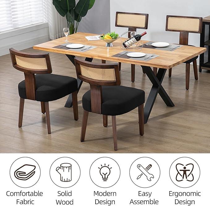 Upholstered Rattan Dining Chairs Set of 6, Mid-Century Modern Fabric Dining Room Chairs with Brown Hardwood Frame, Curved Backrest Kitchen Chairs for Living Room (Black)