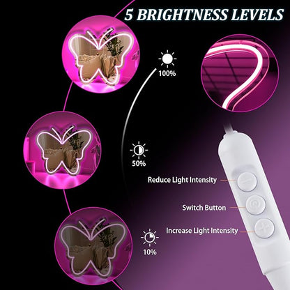 Butterfly Mirror Neon Sign Dimmable USB LED Neon Lights for Ideal Home Decor for Bedroom, Kidsroom, Living Room Parties, Christmas Birthdays Gifts for Girls Women, Boho Mirror Wall Sign Art Gift-pink