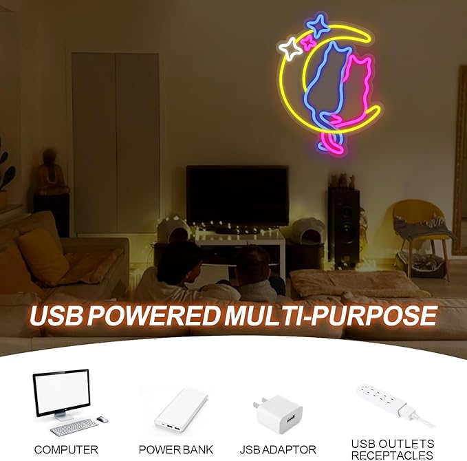 Moon Cat Neon Signs for Wall Decor Neon Lights for Bedroom Led Signs for Man Cave Bar Pub Kids Room Restaurant Christmas Birthday Party Pet Shop Gifts Led Art Wall Decorations