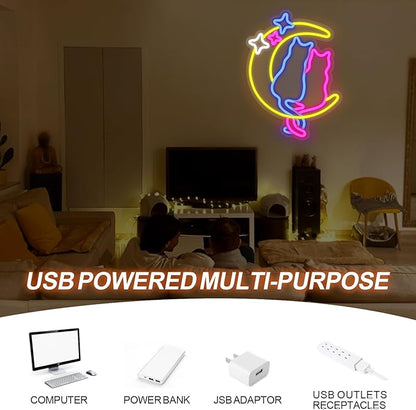 Moon Cat Neon Signs for Wall Decor Neon Lights for Bedroom Led Signs for Man Cave Bar Pub Kids Room Restaurant Christmas Birthday Party Pet Shop Gifts Led Art Wall Decorations