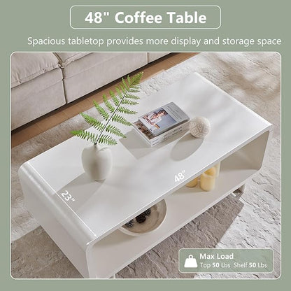 48" Modern Coffee Table, 2-Tier Minimalist Center Table with Storage Shelf, Curved Profile Design, Wooden Rectangular Living Room Table w/Wood Thick Design for Living Room, Office, White