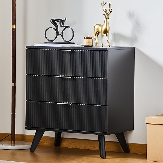 Fluted 3 Drawer Dressers, Modern Closet Dressers Chest of Drawers, Wood Storage Dresser Chest of Drawers Organizer for Bedroom Living Room Hallway Closet(Black)