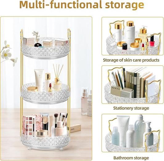 360 Rotating Rotating Makeup Organizer for Vanity, 3 Tier Perfume Skincare Organizers and Storage for Bathroom Countertop, Clear Spinning Counter Cosmetic Holder for Dresser,Clear