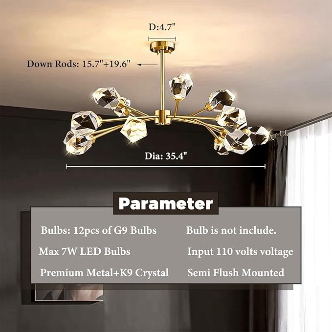 Mid Century Modern Chandelier Sputnik Crystal Chandeliers Ceiling Light Fixtures 12-Light Brass Gold Pendant Lighting for Dining Room, Kitchen Island, Living Room, AP-RYX-12LGBL