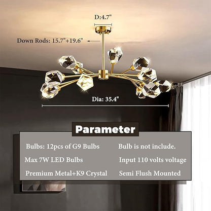 Mid Century Modern Chandelier Sputnik Crystal Chandeliers Ceiling Light Fixtures 12-Light Brass Gold Pendant Lighting for Dining Room, Kitchen Island, Living Room, AP-RYX-12LGBL