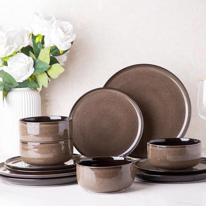 LeRATIO Ceramic Dinnerware Set of 4, Poreclain Plates, Bowls, Handmade Reactive Glaze Dishes, Chip Resistant, Oven & Dishwasher Safe, Service for 4-Espresso Brown