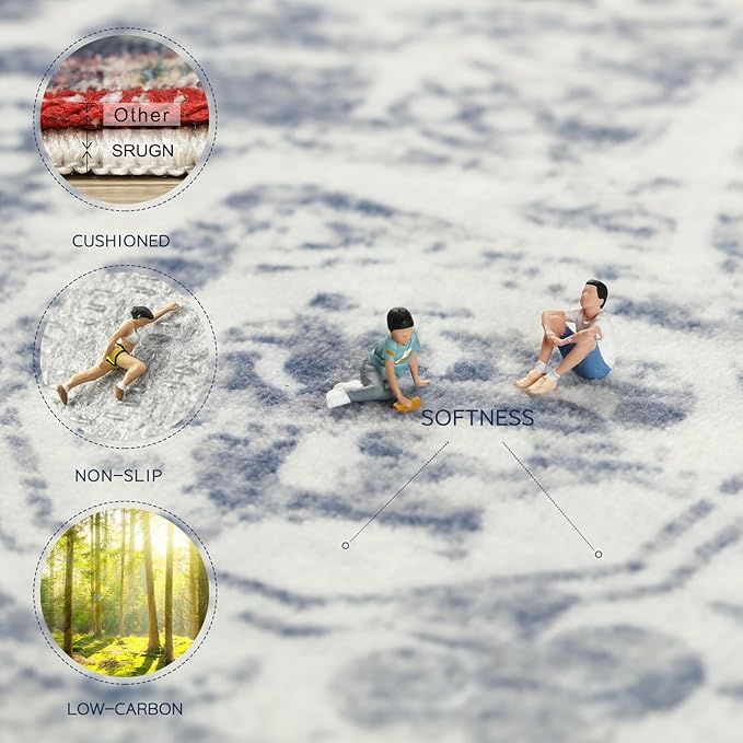 Washable Rugs 8x10 Area Rugs for Living Room,Rugs for Bedroom,Large Carpets,Ultra Soft Faux Wool Retro Dining Room Rug,Non Slip&Non-Shedding Low Pile Vintage Print Rug for Home Office-Blue