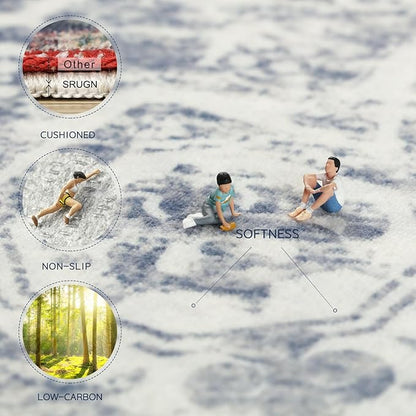 Washable Rugs 8x10 Area Rugs for Living Room,Rugs for Bedroom,Large Carpets,Ultra Soft Faux Wool Retro Dining Room Rug,Non Slip&Non-Shedding Low Pile Vintage Print Rug for Home Office-Blue