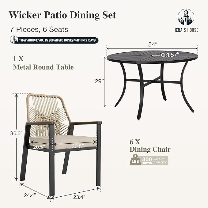 HERA'S HOUSE 5 Pieces Patio Dining Set, 4 x Woven Rattan Outdoor Dining Chairs with Cushions, 42" Metal Round Dining Table, Patio Table and Chairs Set for Lawn Garden Backyard Deck