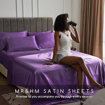 MR&HM Satin Bed Sheets, Twin XL Size Sheets Set, 3 Pcs Silky Bedding Set with 15 Inches Deep Pocket for Mattress (Twin XL, Lavender)