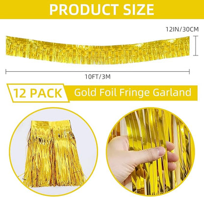 12 Pack 10 Feet Metallic Foil Fringe Garland Tinsel Streamers Banner, Gold Wall Hanging Tinsel Fringe Banners for Parade Floats, Wedding, Birthday, Christmas, New Year Party Decorations