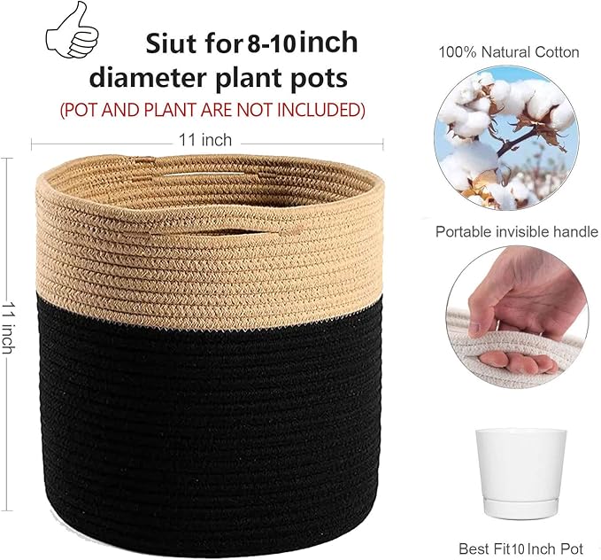Woven Cotton Rope Plant Basket for 10.5" Flower Pot Floor Indoor Planters Flower Pot, Home Decor Storage Organizer H11 x W11 Black&Brown