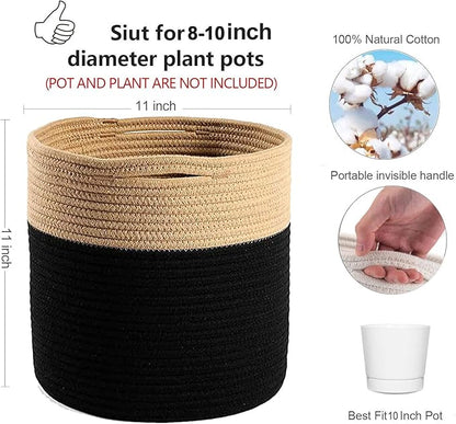 Woven Cotton Rope Plant Basket for 10.5" Flower Pot Floor Indoor Planters Flower Pot, Home Decor Storage Organizer H11 x W11 Black&Brown