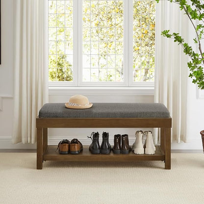 24KF Large Rectangular Storage Bench,Upholstered Seat Cushion,Ottoman Coffee Table with Removable Granite Cushion for Living Room,Entryway Bench Bed Bench with Solid Wood Shelf,5069-Granite