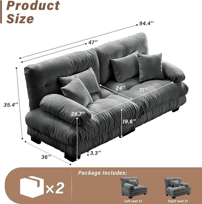 SoarFlash Modern Living Room Velvet Recliner Sofa, Loveseat Sofa for Apartment, Solid Wood Frame, Easy to Install (94.4 inch,Grey)
