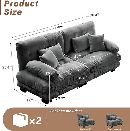 SoarFlash Modern Living Room Velvet Recliner Sofa, Loveseat Sofa for Apartment, Solid Wood Frame, Easy to Install (94.4 inch,Grey)