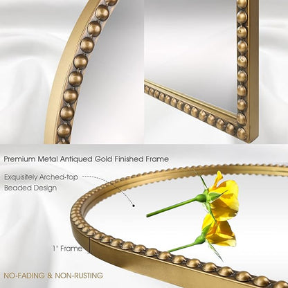 Arched Wall Mirror for Bathroom, 30"x40" Metal Beaded Frame Decorative Accent Mirror, Large Modern Distressed Hanging Wall Decor for Washroom, Bedroom, Living Room, Entryway, Antique Gold