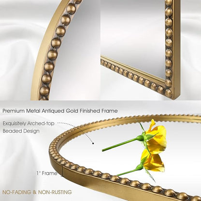 Arched Wall Mirror for Bathroom, 20"x30" Metal Beaded Frame Decorative Accent Mirror, Large Modern Distressed Hanging Wall Decor for Washroom, Bedroom, Living Room, Entryway, Antique Gold