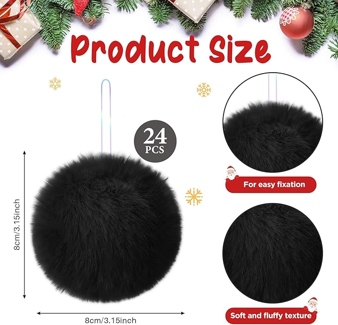 12Pcs Furry Christmas Ball Ornament for Xmas Tree Black Soft Faux Fur Pom Pom Ball Ornaments Christmas Tree Hanging Decorations for Winter Party Home Decor Costume Supplies