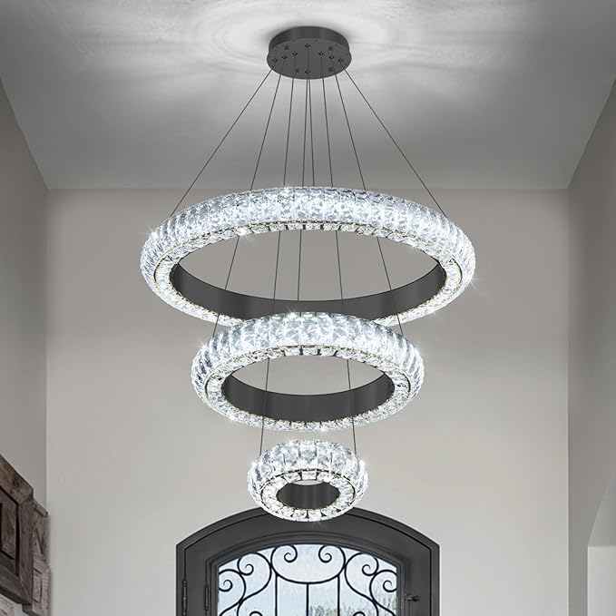 23.6" 3 Ring Crystal Chandelier Modern LED Dimmable Ring Pendant Light Round Chandelier for Dining Room Living Room Black