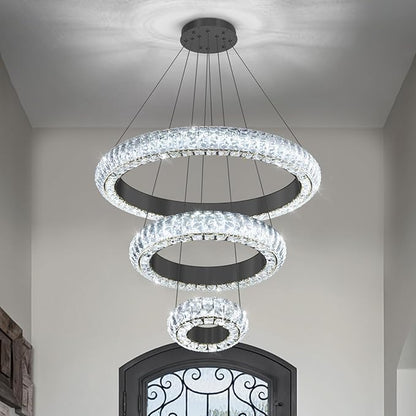 23.6" 3 Ring Crystal Chandelier Modern LED Dimmable Ring Pendant Light Round Chandelier for Dining Room Living Room Black