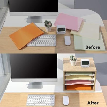 FITUEYES Wood Desk Paper Sorter Organizer with 4-Tier Storage, Desktop Paper File Holder Letter for Home and Office, Light Wood, DO403506WO