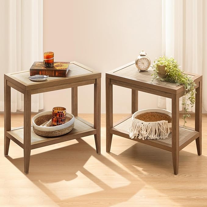 SICOTAS Rattan Nightstands Set of 2 Bedside Table Boho Narrow End Table, Reclaimed Caramel Oak