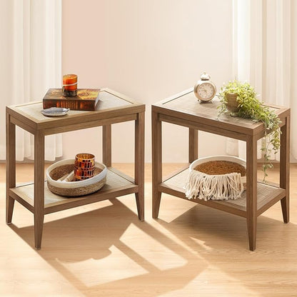 SICOTAS Rattan Nightstands Set of 2 Bedside Table Boho Narrow End Table, Reclaimed Caramel Oak