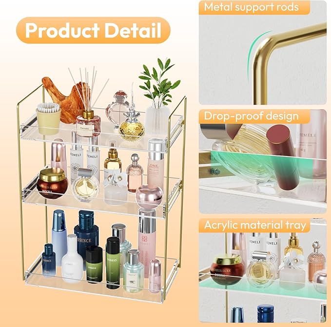 Bathroom Countertop Organizer, 3 Tier Acrylic Tray Vanity Counter Skincare Organizer Shelf, Kitchen Under Sink Standing Rack, Home Storage Holder for Lotion Makeup Cosmetics Perfume Spice, Gold