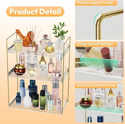 Bathroom Countertop Organizer, 3 Tier Acrylic Tray Vanity Counter Skincare Organizer Shelf, Kitchen Under Sink Standing Rack, Home Storage Holder for Lotion Makeup Cosmetics Perfume Spice, Gold