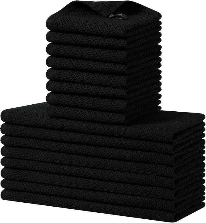Homaxy 100% Cotton Kitchen Towels and Dishcloths Set, 12 x 12 Inches and 13 x 28 Inches, Set of 16 Bulk Kitchen Towels Set, Ultra Soft Absorbent Dish Cloths for Washing Dishes, Black