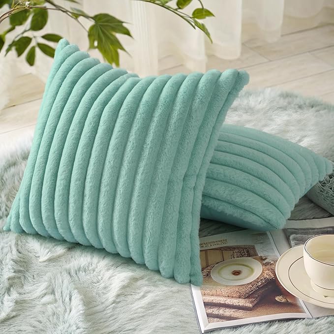 decorUhome Faux Fur Throw Pillow Covers 20x20 Set of 2, Decorative Soft Plush Striped Neutral Euro Pillow Covers with Velvet Back for, Bed, Living Room Home Decor, Aqua