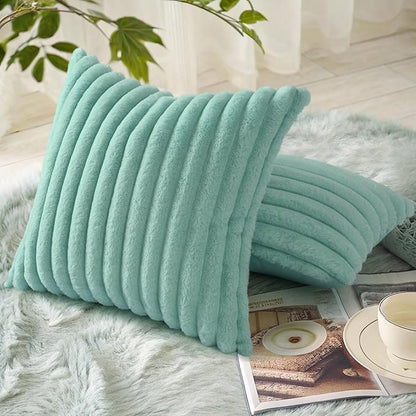 decorUhome Faux Fur Throw Pillow Covers 20x20 Set of 2, Decorative Soft Plush Striped Neutral Euro Pillow Covers with Velvet Back for, Bed, Living Room Home Decor, Aqua