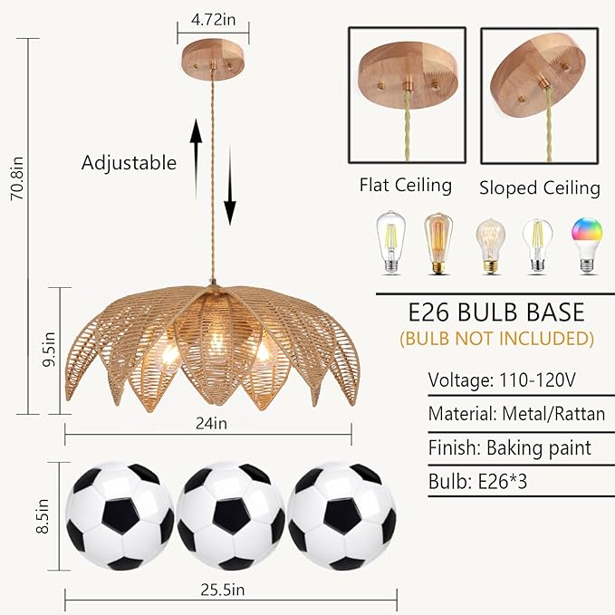 Farmhouse Chandeliers for Dining Room, 3-Light Rattan Boho Chandelier Light Fixture Hand Woven Wicker Pendant Light 24", Coastal Hanging Pendant Light for Kitchen Island Bedroom Living Room