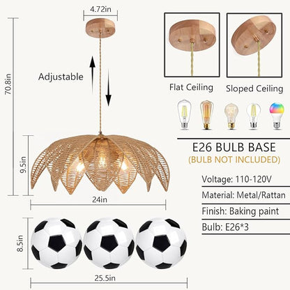 Farmhouse Chandeliers for Dining Room, 3-Light Rattan Boho Chandelier Light Fixture Hand Woven Wicker Pendant Light 24", Coastal Hanging Pendant Light for Kitchen Island Bedroom Living Room