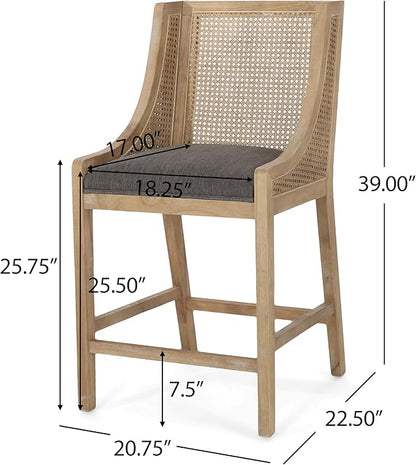 Merax 25.5" Fabric Upholstered Wood and Cane Counter Stools with Backrest,Set of 2,French Country Barstools Chair Dining Chair