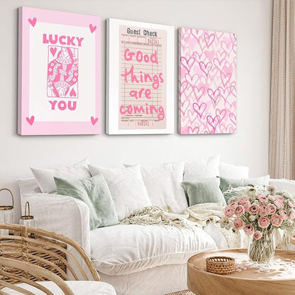 Lucky You Pink Wall Art Guest Check Preppy Wall Decor Trendy Aesthetic Canvas Wall Art Funky Retro Poster Hearts Cute Picture Prints Inspirational Artwork for Room Bedroom 16x24 Inch Framed Set of 3