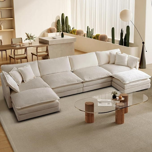 SoarFlash Chenille Sectional Sofa, Comfy L/U Shaped Modular Coush Sofa with Ottoman, Modern 4 Seat Couch Deep Seat Sofa Set for Living Room,Light Coffee