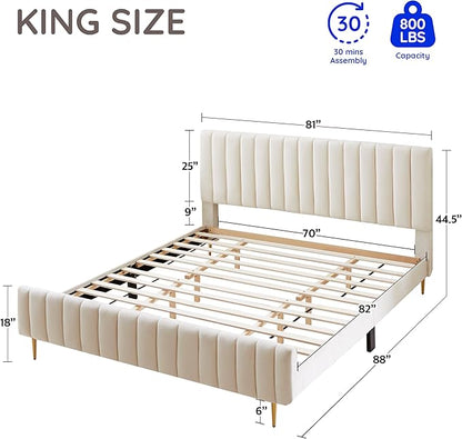 Livinia King Size Elton Velvet Platform Bed, Upholstered Bed Frame with Vertical Channel Tufted Headboard Footboard, Strong Wood Slats, No Box Spring Needed, Ivory (King)