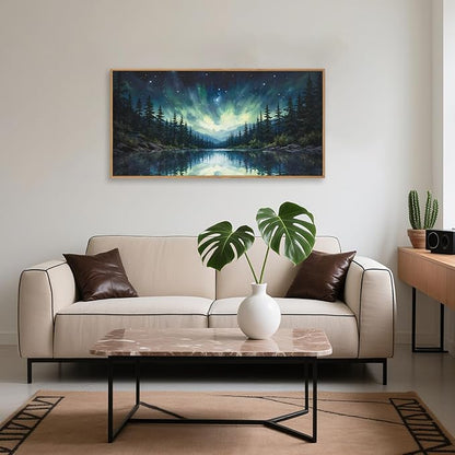 HOURIA Northern Lights Forest Lake Framed Canvas Wall Art Set,Aurora Borealis Mountain Wall Decor,Night Sky Reflective Water Artwork,Modern Wilderness Landscape Prints for Living Room,Office-20"x40"x1