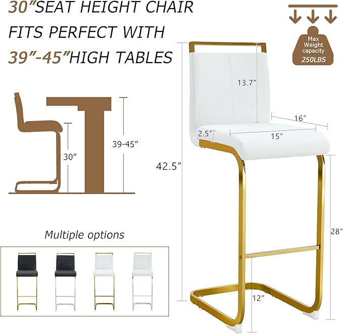 Counter Height Bar Stools Set of 4,Gold Bar Stools with Back,30" White Island Chairs with Gold Chrome Plated Metal Leg,Faux Leather Barstools for Pub Kitchen Counter Dining Chair