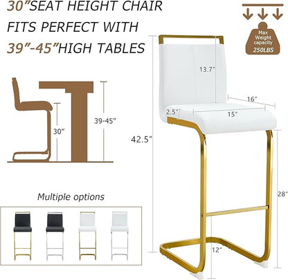 Counter Height Bar Stools Set of 2,Gold Bar Stools with Back,30" White Island Chairs with Gold Chrome Plated Metal Leg,Faux Leather Barstools for Pub Kitchen Counter Dining Chair
