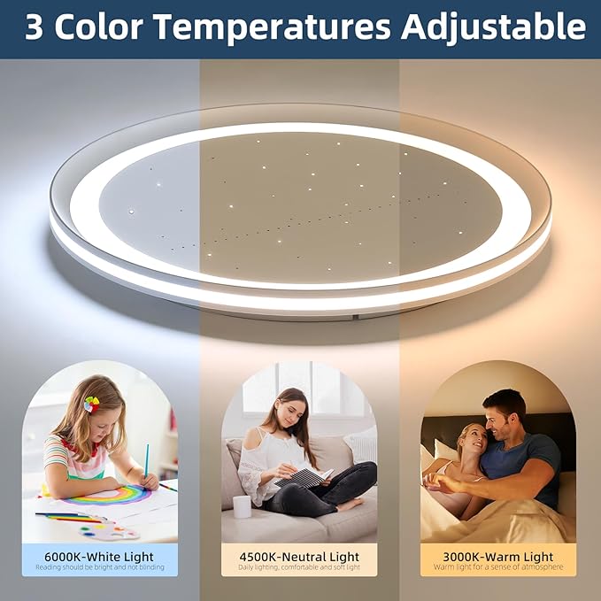19inch Bedroom LED Ceiling Light, Round Modern Flush Mount Ceiling Light, Night Star Design, Dimmable 3000K-6000K, 70W, Minimalist Office Lamp for Living Room, Study, Kitchen, Bathroom
