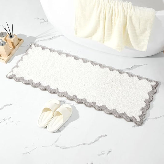 ORTIGIA Long Cute Scalloped Bathroom Rugs Runner, Fun White and Gray Plush Microfiber Scallop Bath Mats Non Slip Washable Quick Dry Absorbent, Rug for Bathtub Sink Laundry Room Bedroom, 17x47