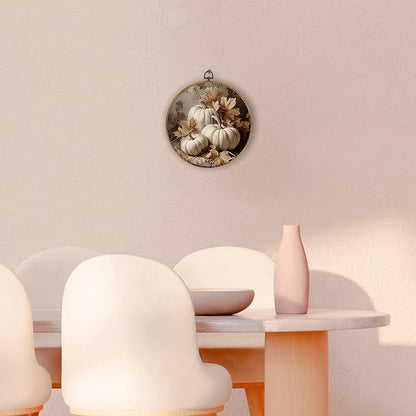 Hxlac Vintage Fall Pumpkin Maple Leaves Round Wall Art Framed, Fall Halloween Round Wall Decor, Vintage Autumn Hanging Canvas Prints Wall Sculptures for Farmhouse Home Living Room Decor, 10x10 Inch