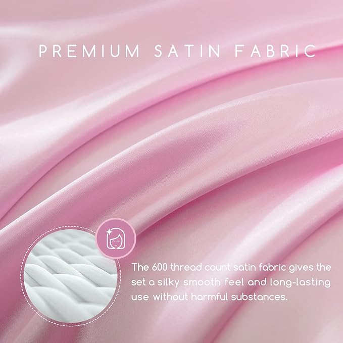 MR&HM Satin Bed Sheets, King Size Sheets Set, 4 Pcs Silky Bedding Set with 15 Inches Deep Pocket for Mattress (King, Pink)